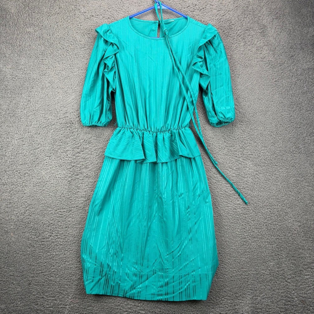 Vintage 80s Teal Striped‎ Peplum Dress Ruffle Shoulder Puff Sleeve Retro 8822